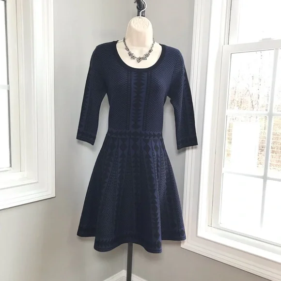 Nina Leonard 3/4 Sleeve Checkered Jacquard A-Line Sweater Dress Blue Nina Leonard 3/4 Sleeve Checkered Jacquard A-Line Sweater Dress Blue